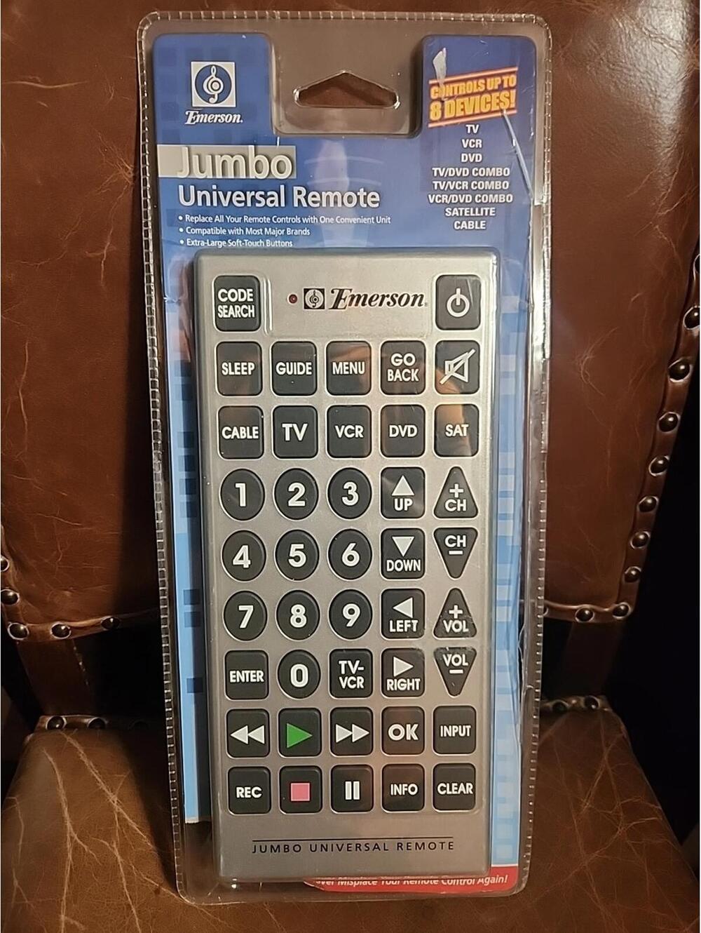 NEW Emerson Jumbo Universal Remote Control 8 Devices TV DVD VCR Satellite & More